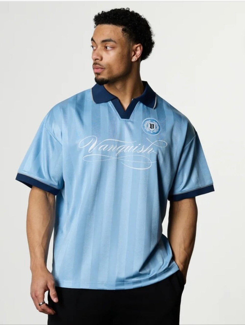 Vanquish Men's Light Blue Soccer-Style Jersey with Navy Trim